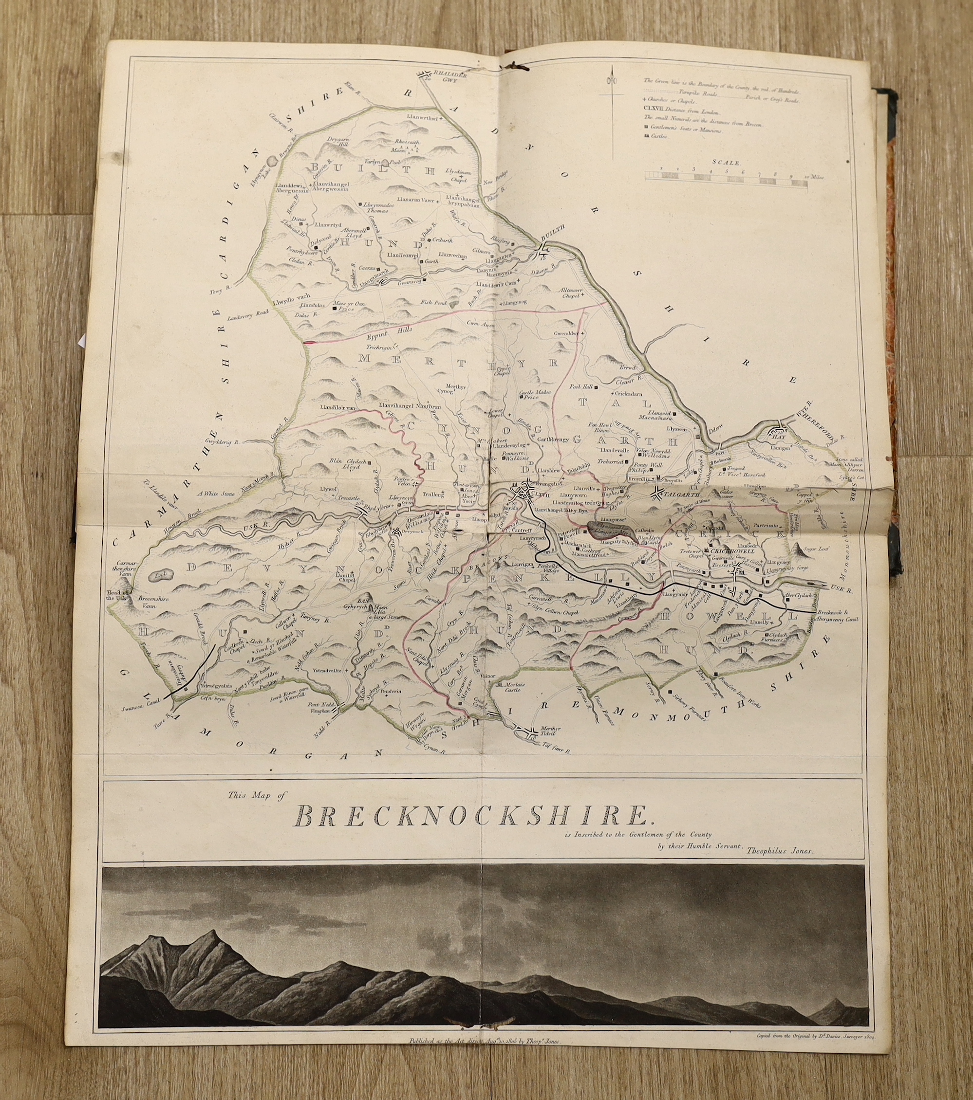 Jones, Theophilus - A History of the County of Brecknock.... 2 vols. pictorial engraved titles, a folded pictorial map (outline colour), a plan of Brecon, 3 hand coloured armorial plates and 28 others, engraved text illu